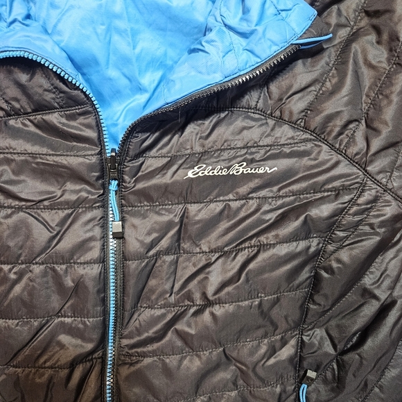 Eddie Bauer Women's M Reversible Puffer Jacket Black Blue Quilted Insulated Coat - Picture 2 of 8
